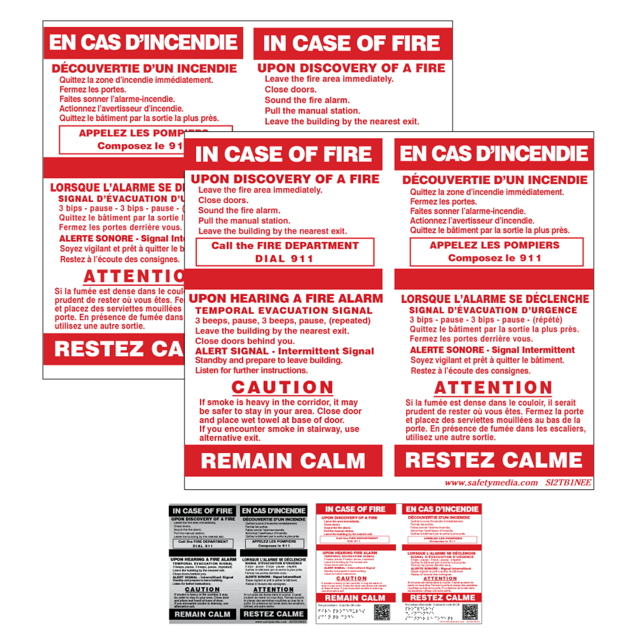 Bilingual In Case of Fire Temporal 2-Stage No Elevator Extended Caution Signs