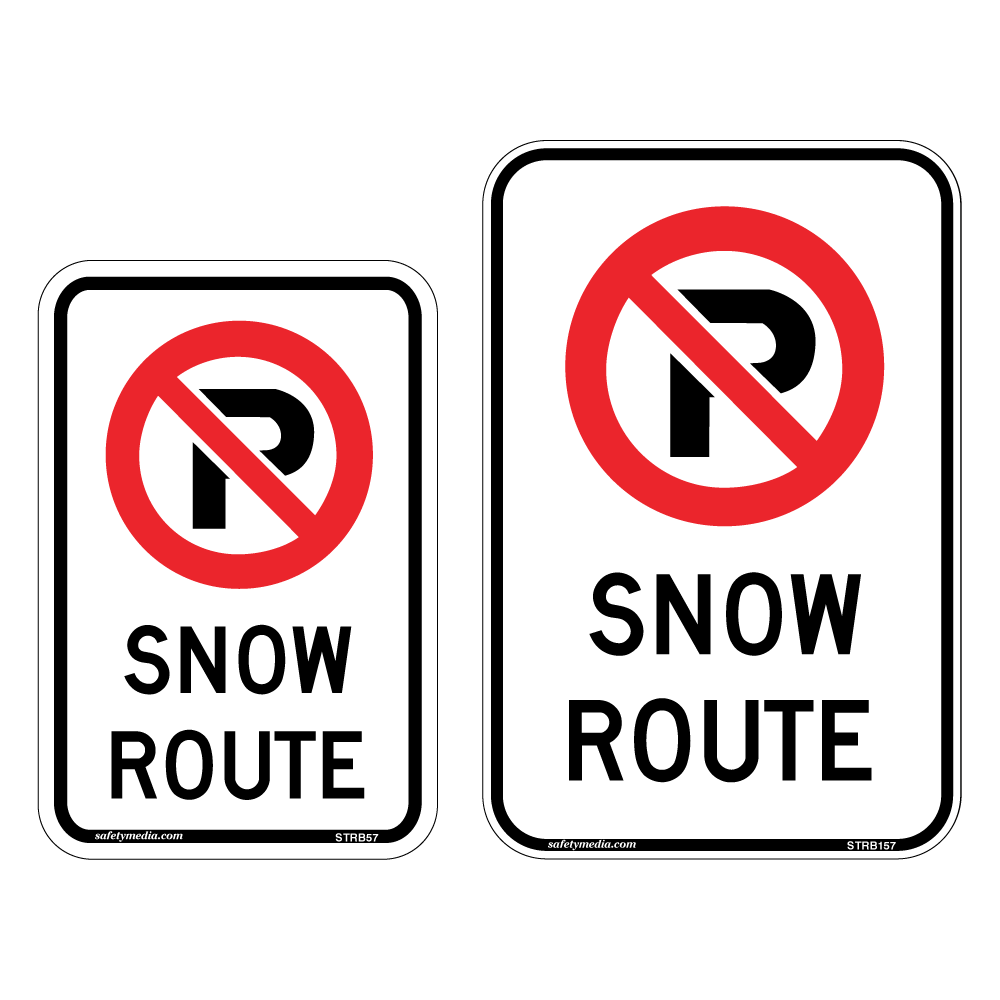 Regulatory No Parking Snow Route Sign prohibits parking on designated snow routes for snow clearing per municipal by-law.