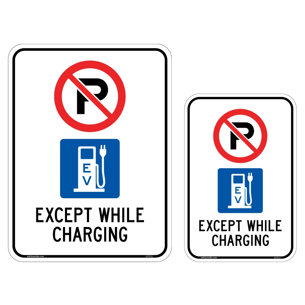 No parking sign for electric vehicle charging stations. The upper part features a red circle with a slash through a black 'P