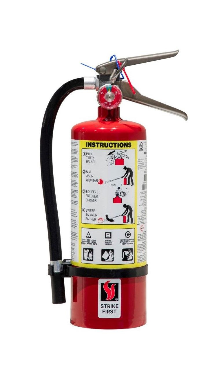 3A 10BC 5 lb StrikeFirst dry chemical fire extinguisher with aluminum handle and corrosion-resistant steel cylinder, front view