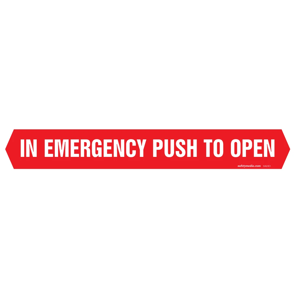 Red In Emergency Push to Open vinyl sticker with white lettering in a long arrow-shaped format for emergency breakout doors
