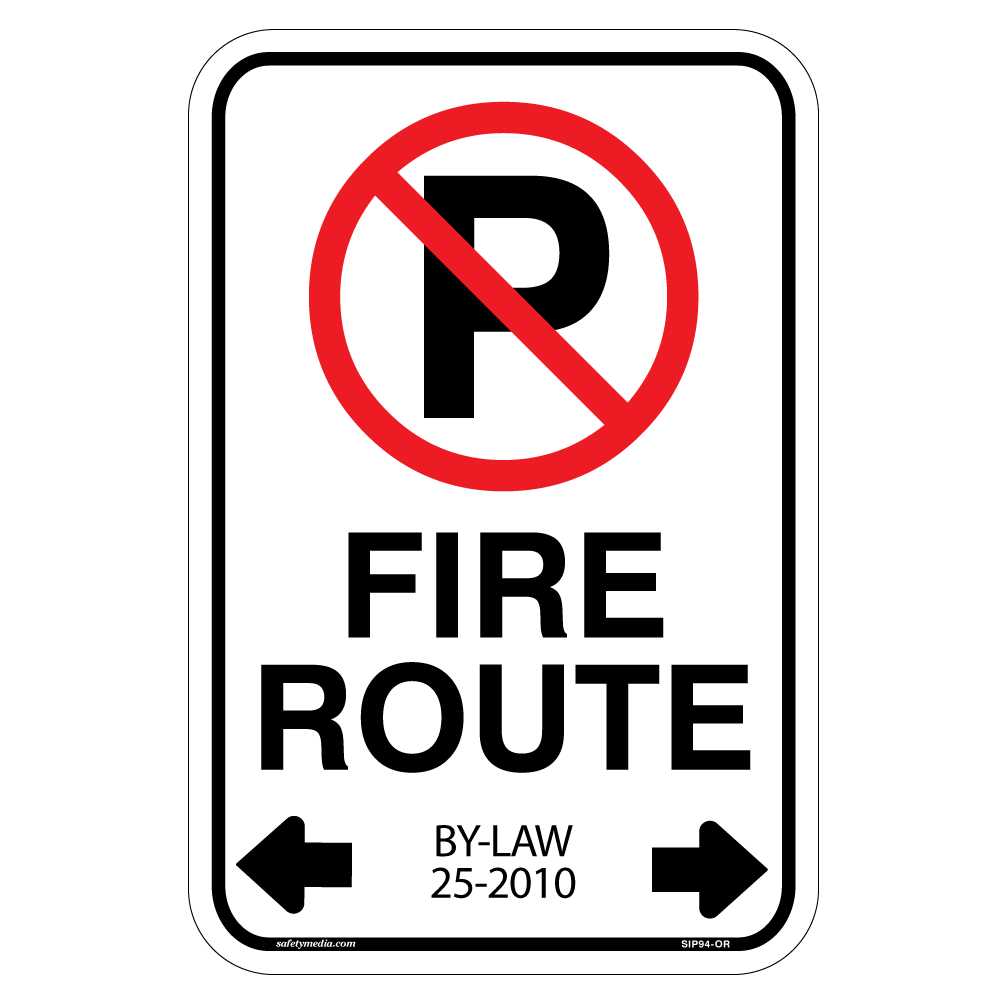 Town of Orangeville Fire Route No Parking Sign with reflective no-parking symbol and double arrows