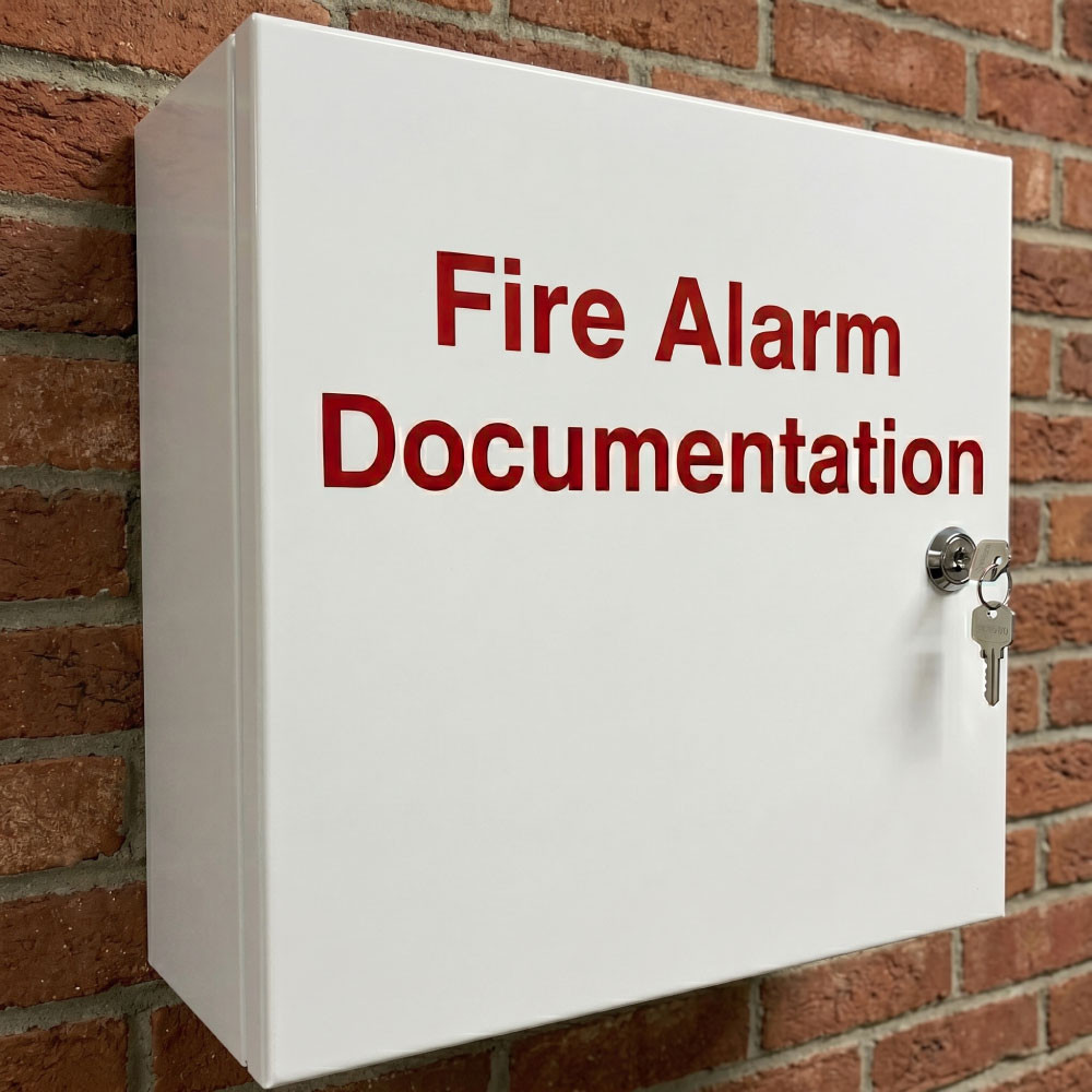 White Fire Alarm Documentation Box with red lettering and cam lock for on-site fire alarm record storage
