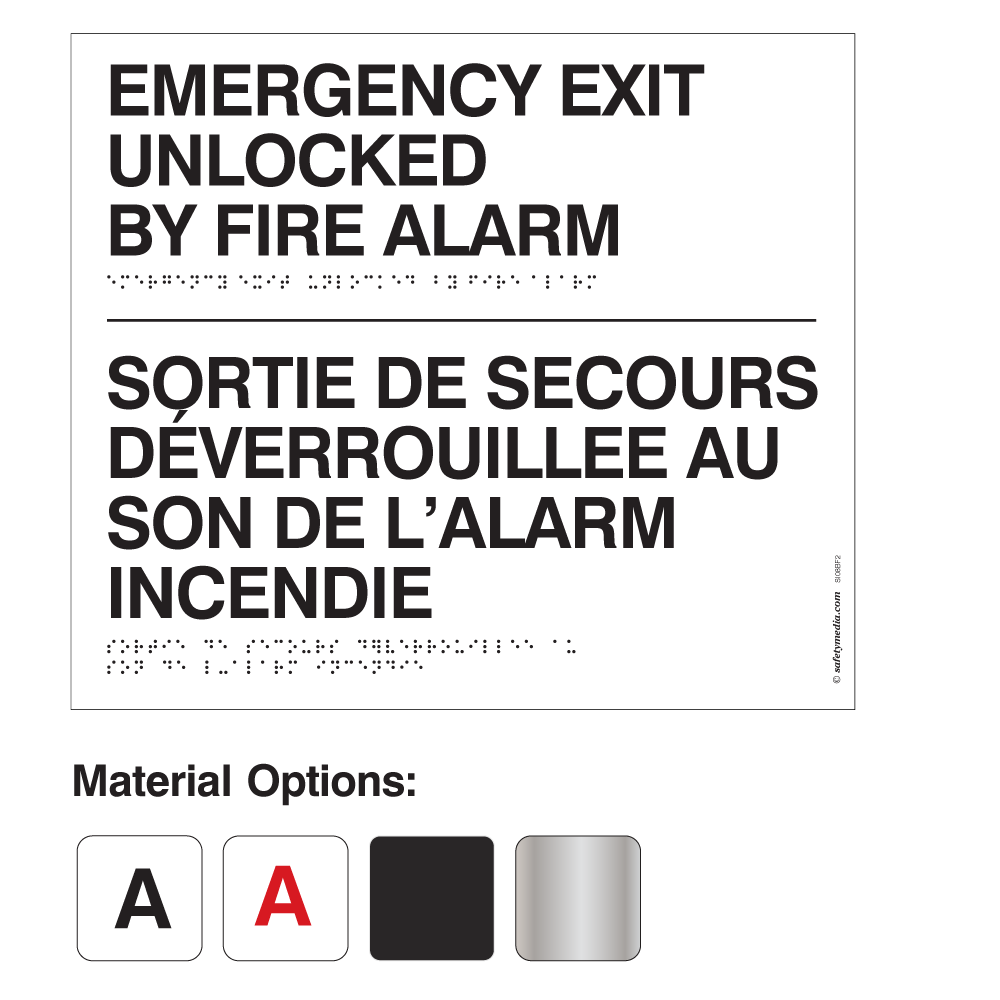 Bilingual Emergency Exit Unlocked by Fire Alarm Braille and tactile sign for mag lock doors