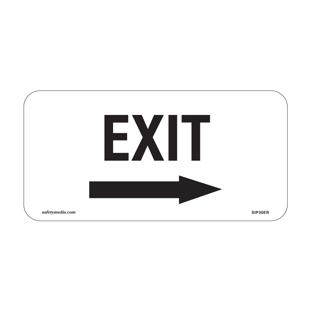 Exit right arrow aluminum sign with black lettering and arrow on white background