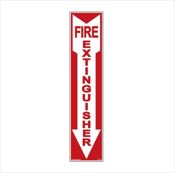 Vertical red fire extinguisher sign with a downward arrow