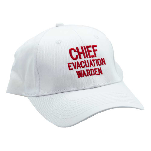 White Chief Evacuation Warden Hat with red letters for high visibility in emergencies