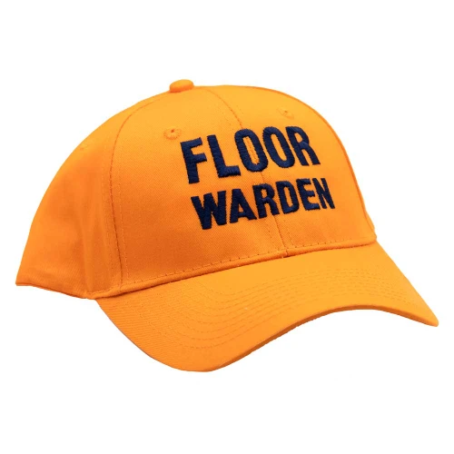 Orange Floor Warden Hat with navy blue letters for high visibility in emergency evacuations