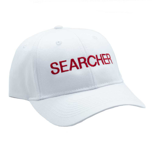White Searcher Hat with red letters for high visibility in emergency situations.