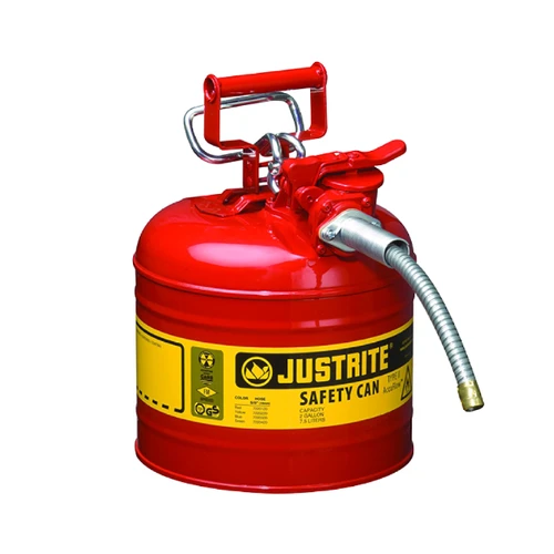 2.5 Gallon Type II Safety Can with flexible pouring spout for safe handling of flammable liquids.