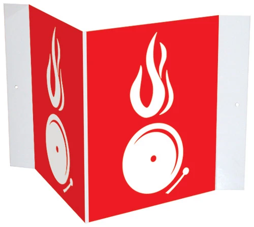 3-Way Fire Alarm Projecting Sign – red V-shaped safety sign