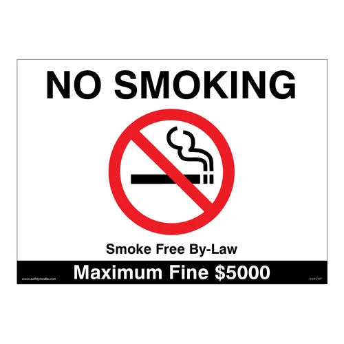 Plastic No Smoking sign with $5000 fine warning under smoke-free by-law.