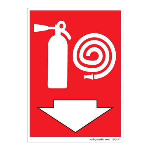 Fire Extinguisher & Hose Sticker – red background with arrow