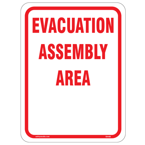 Evacuation Assembly Area White Aluminum Sign for emergency congregation point