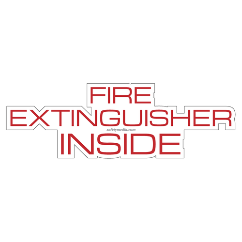 Fire safety clear sticker marking extinguisher location inside cabinet