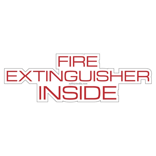 Fire safety clear sticker marking extinguisher location inside cabinet