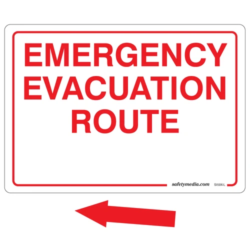 Emergency Evacuation Route vinyl sticker with red arrow for safe exit guidance