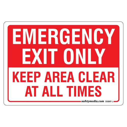 Emergency Exit Only – Keep Area Clear At All Times Sticker in bold red lettering for fire safety compliance