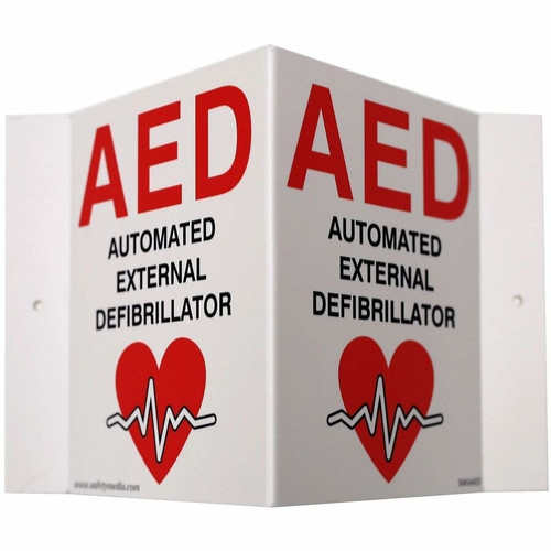 3D AED Plastic Sign with V-shape projection for visibility from multiple directions in workplaces