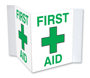 3D First Aid Plastic Sign with V-shaped flush side panels for clear visibility of first aid locations from multiple directions.