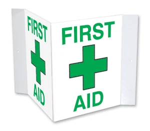 3D First Aid Plastic Sign with V-shaped flush side panels for clear visibility of first aid locations from multiple directions.