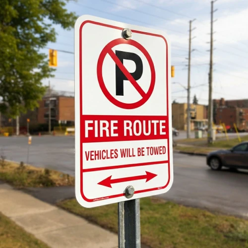 FR-1 fire route sign installed on a rigid metal sign post