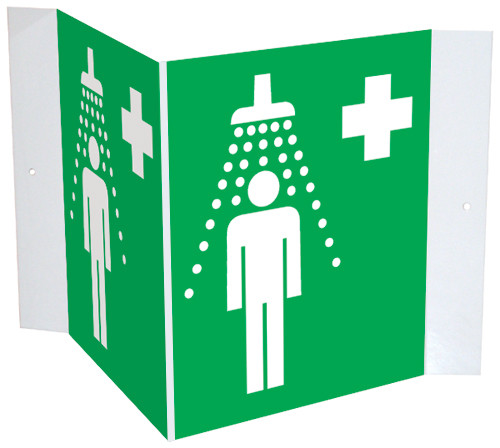 3D Shower Plastic Sign with V-shaped design for marking emergency shower locations from multiple angles.