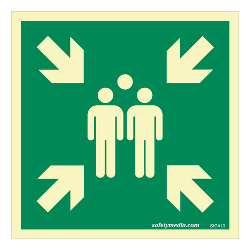 Glow-in-the-dark evacuation assembly point or muster station sign