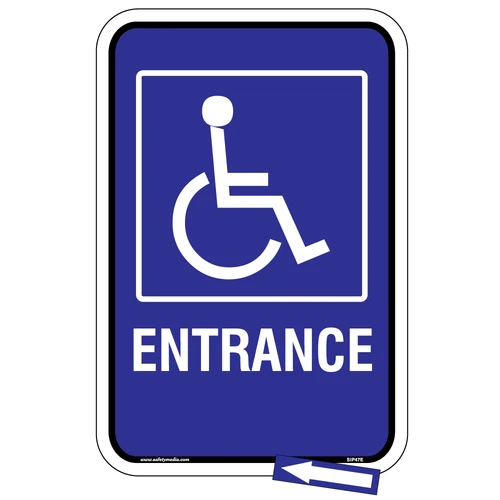 Wheelchair Accessible Entrance Sign indicating the way to an accessible building entrance.