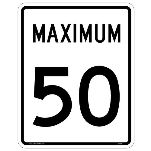 Maximum Speed Sign RB-1 indicates the highest legal speed limit in a specific speed zone.