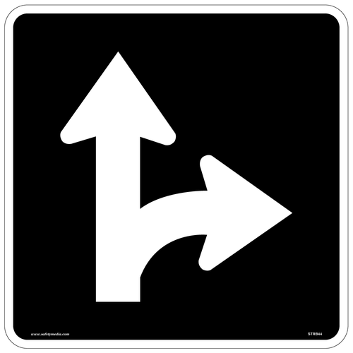 Regulatory Straight Through or Right Turn Only Sign RB-44 indicates a lane designated for both straight-through and right-turn movements.
