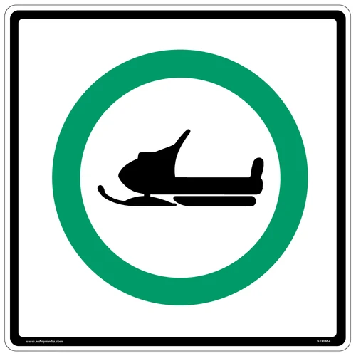 Regulatory Snowmobile Route Sign RB-64 designates routes where snowmobiles are allowed.