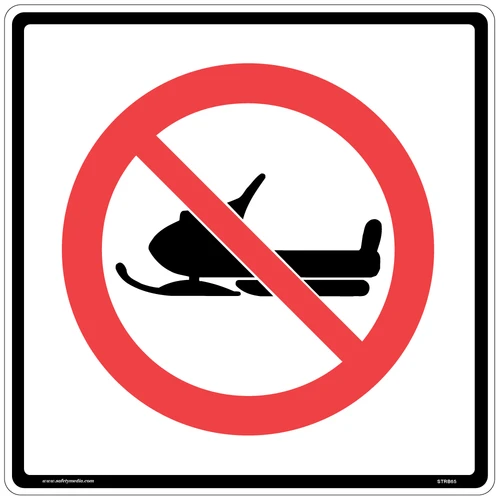 Regulatory No Snowmobiles Sign RB-65 specifies streets and highways where snowmobile travel is banned.