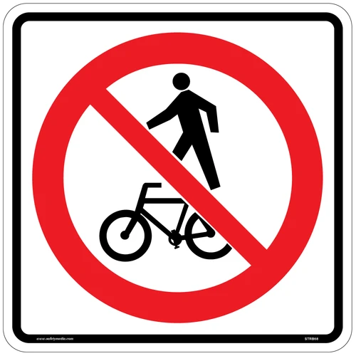 No Pedestrians or Bicycles Sign RB-68 restricts access of both bicycles and pedestrians on specific freeways