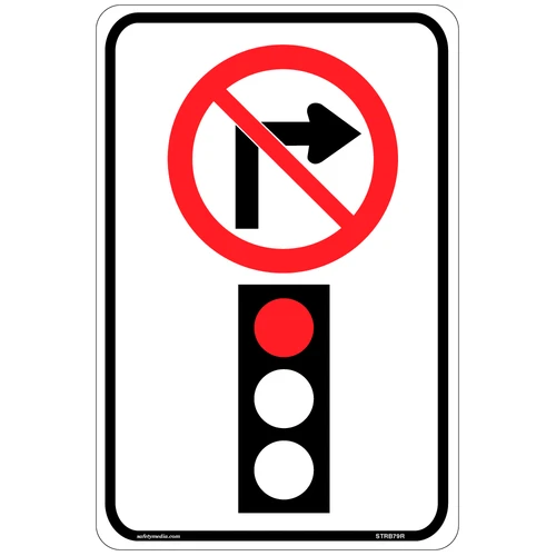 Regulatory No Right Turn On Red Sign RB-79R prohibits right turns during the red phase of a traffic signal.