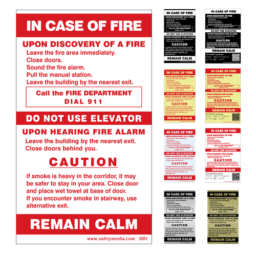 In Case of Fire Single Stage With Elevator Extended Caution Sign In Case of Fire Single Stage With Elevator Extended Caution Sign