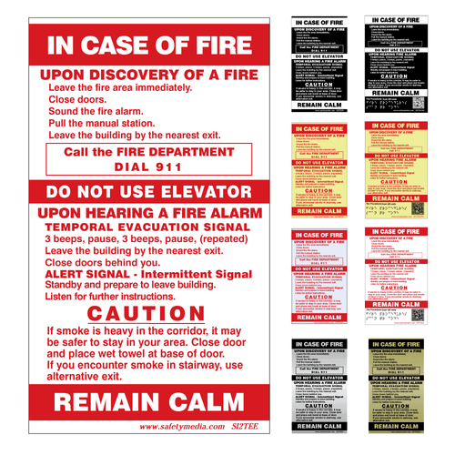 In Case of Fire Temporal 2-Stage Elevator Extended Caution Signs