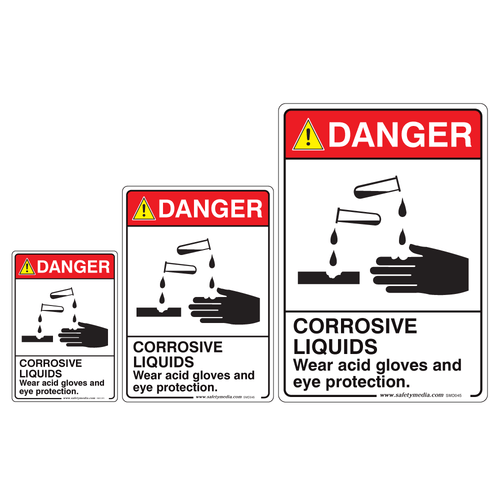 Corrosive Liquids, Wear Acid Gloves And Eye Protection Danger Sign