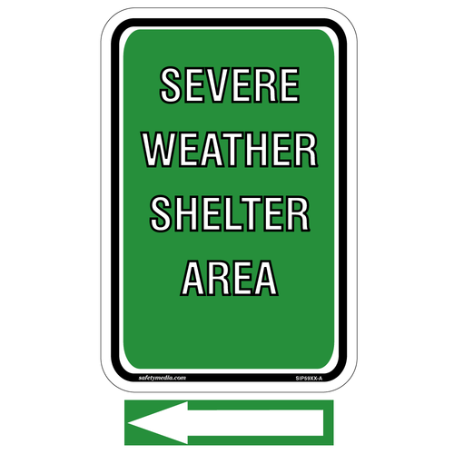 Severe Weather Shelter aluminum sign with separate green arrow