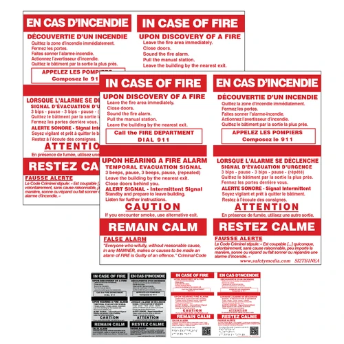Bilingual In Case of Fire Temporal 2-Stage No Elevator False Alarm Sign with English and French instructions