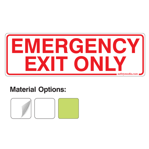 Emergency Exit Only sign options including vinyl stickers