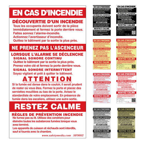 French In Case of Fire Two Stage Hotel Alarm Sign with elevator warning