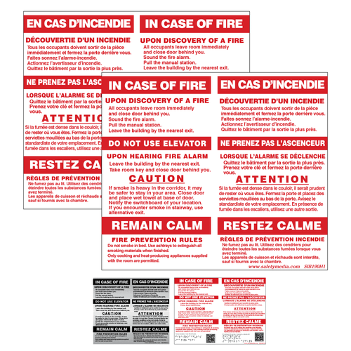 Bilingual In Case of Fire Single Stage Hotel Alarm Signs