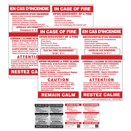 Bilingual In Case of Fire Temporal 2-Stage No Elevator Extended Caution Sign with English and French instructions