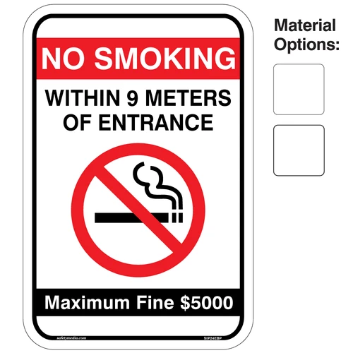 No Smoking Within 9 Meters Sign with $5000 Fine warning mounted near building entrance.