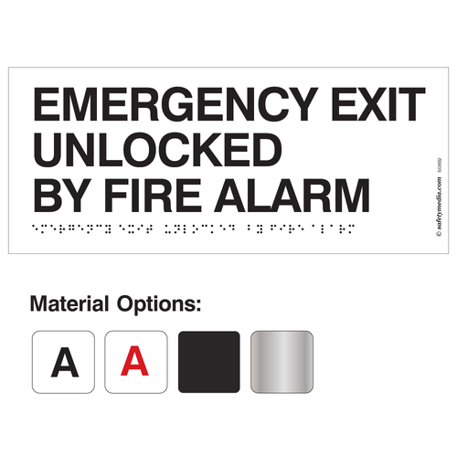 Emergency Exit Unlocked By Fire Alarm Braille and Tactile Sign