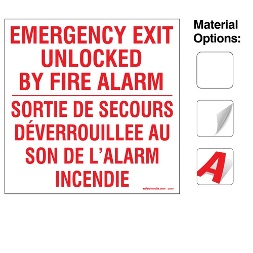 Emergency Exit Unlocked by Fire Alarm Bilingual Sign – English & French – Mag Lock Fire Safety Notice