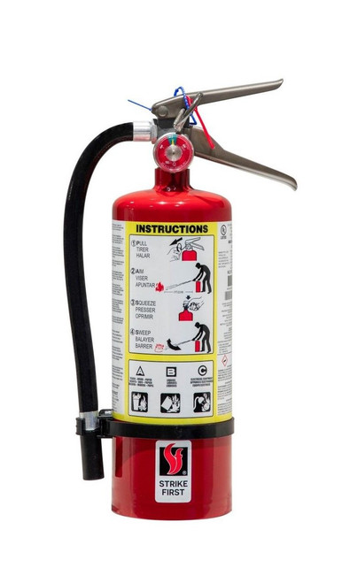 3A 10BC 5 lb StrikeFirst dry chemical fire extinguisher with aluminum handle and corrosion-resistant steel cylinder, front view