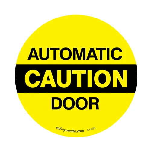 Yellow round Automatic Caution Door 6-inch vinyl sticker with bold black lettering for door visibility