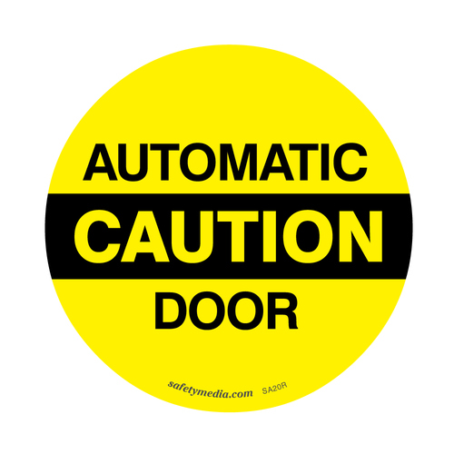 Yellow round Automatic Caution Door 6-inch vinyl sticker with bold black lettering for door visibility